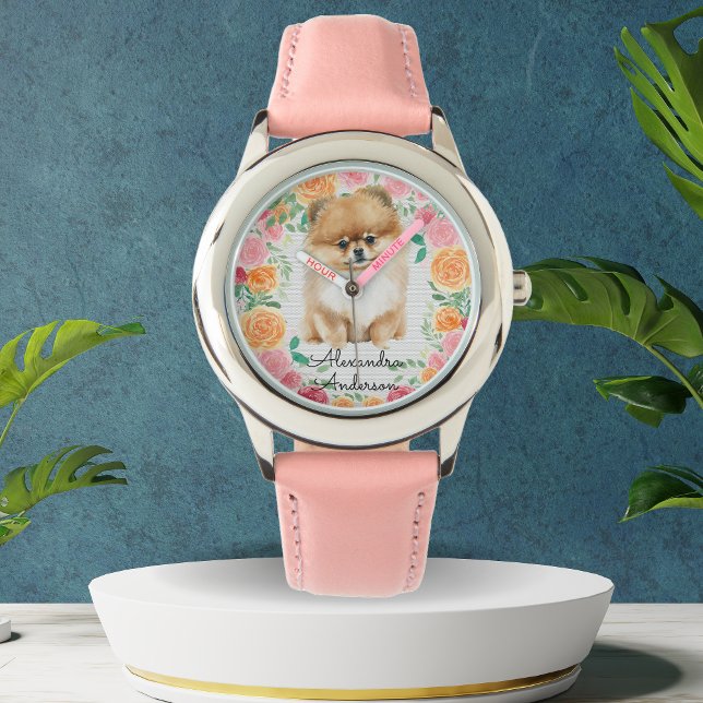 Niedlicher Spitz mit Aquarellfarben-Blume-Monogram Armbanduhr (Von Creator hochgeladen)