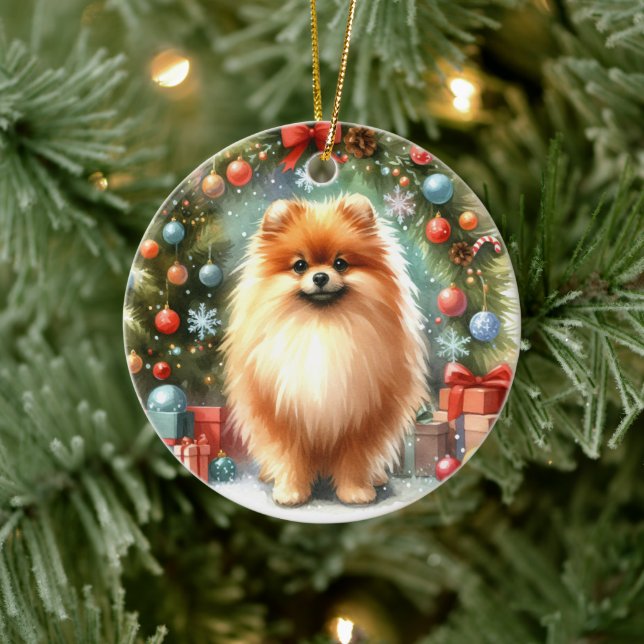 Niedlicher Spitz Wasserfarbe Festliche Weihnachten Keramik Ornament (Baum)
