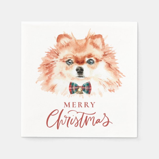 Niedlicher Spitz Wasserfarbe Hund Frohe Weihnachte Serviette (Vorderseite)