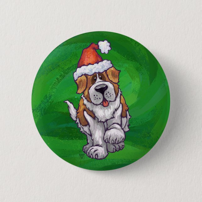 Niedlicher St. Bernard in Weihnachtsmannmütze auf  Button (Vorderseite)