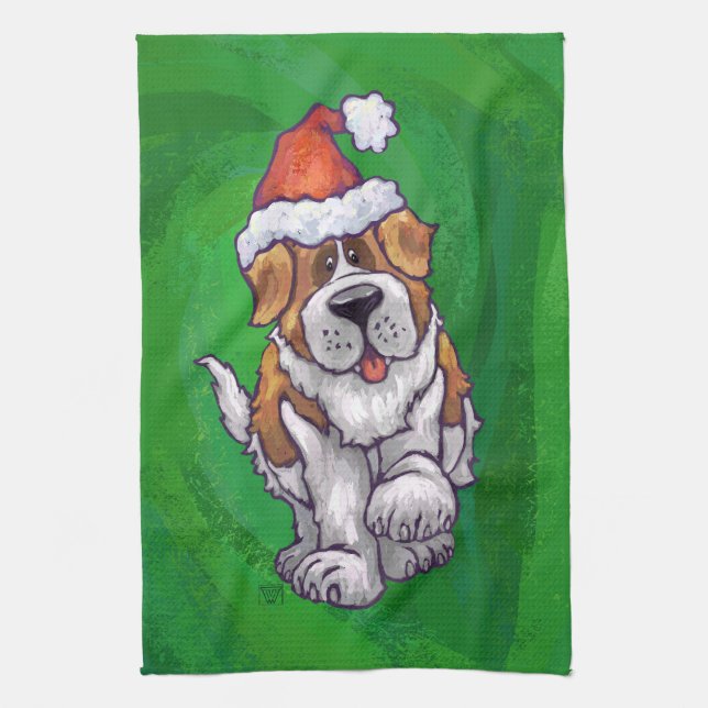 Niedlicher St. Bernard in Weihnachtsmannmütze auf  Geschirrtuch (Vertikal)