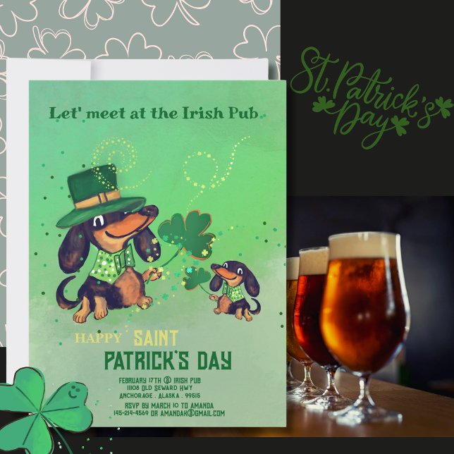 Niedlicher ST. Einladung zum Patrick's Day Dackeln (Cute ST. Patrick's Day Dachshunds Invitation )