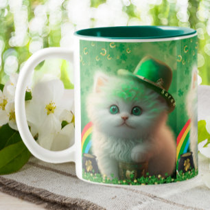 Niedlicher St Patricks Day Cat Rainbow Gold Person Zweifarbige Tasse