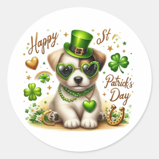 Niedlicher St. Patrick's Day Welpensticker Runder Aufkleber (Vorderseite)
