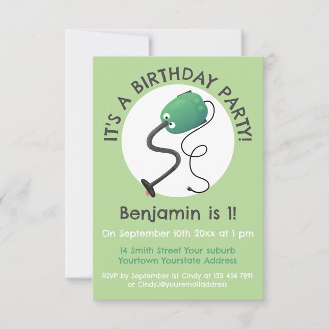 Niedlicher Staubsauger Cartoon Spaß Einladung (Vorderseite)