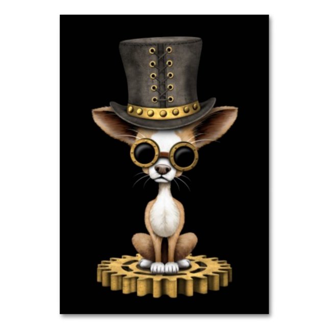 Niedlicher Steampunk Chihuahua Welpe Hund, schwarz Tischnummer (Vorderseite)