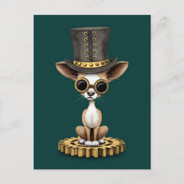 Niedlicher Steampunk Chihuahua Welpen Hund, aquama Postkarte (Vorderseite)
