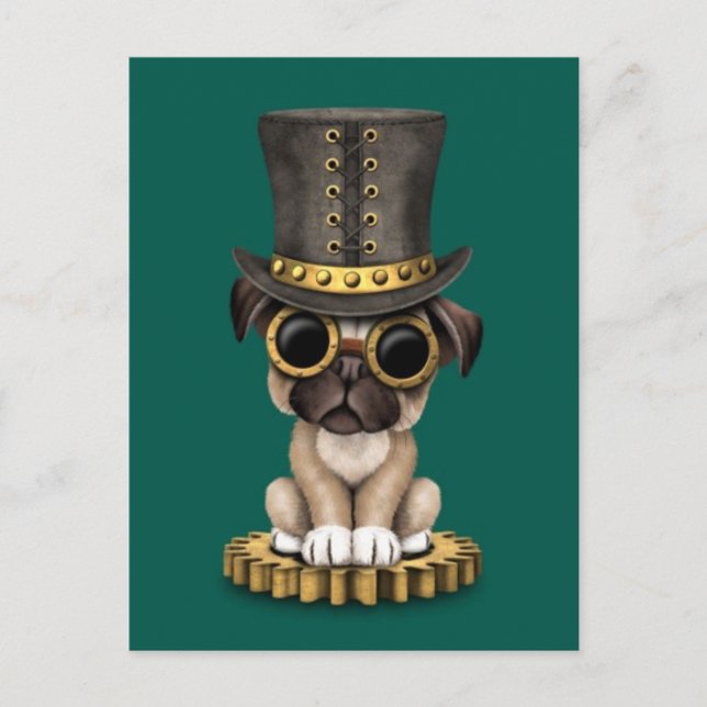 Niedlicher Steampunk-Mops Welpenhund, aquamarin Postkarte (Vorderseite)