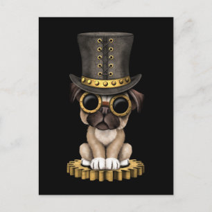 Niedlicher Steampunk-Mops Welpenhund, schwarz Postkarte