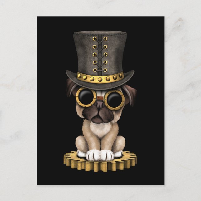 Niedlicher Steampunk-Mops Welpenhund, schwarz Postkarte (Vorderseite)