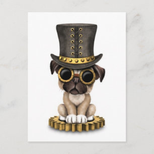 Niedlicher Steampunk-Mops Welpenhund, weiß Postkarte