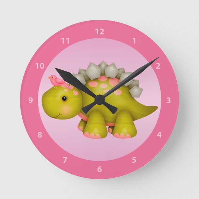Niedlicher Stegosaurus-Dinosaurier u. Vogel-rosa Runde Wanduhr (Vorderseite)