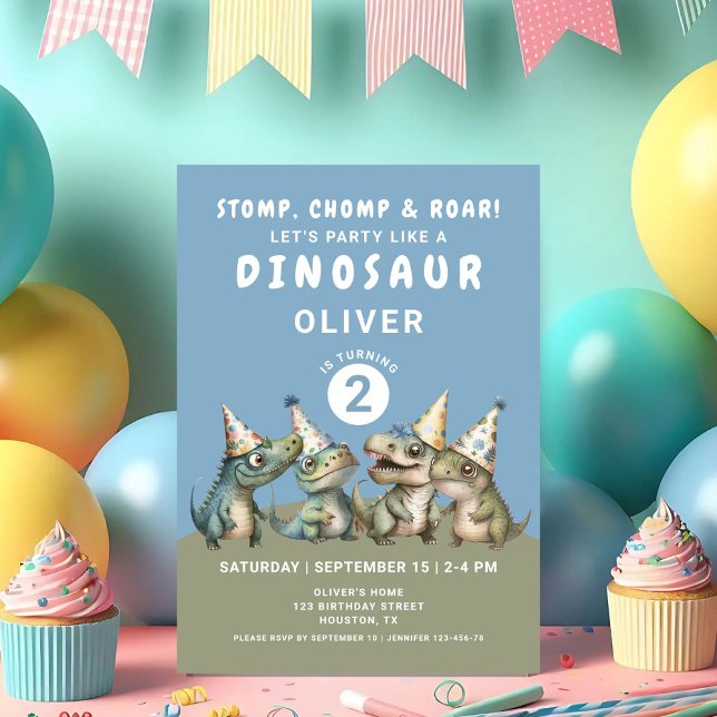 Niedlicher Stomp, Chomp & Roar Dinosaurier 2. Gebu Einladung (Cute Stomp, Chomp & Roar Dinosaur 2nd Birthday Invitation)