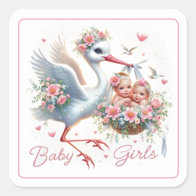 Niedlicher Storch mit zwei Baby-Girls Quadratischer Aufkleber (Vorderseite)