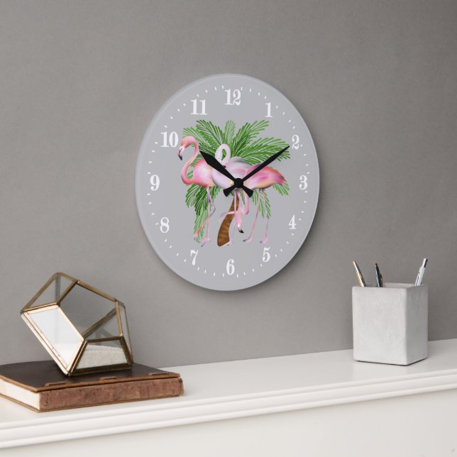 Niedlicher Strand rosa Flamingo Dekor Große Uhr (Büro)