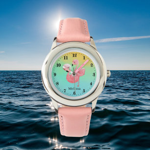 niedlicher Strand rosa Flamingo Name hinzufügen Armbanduhr