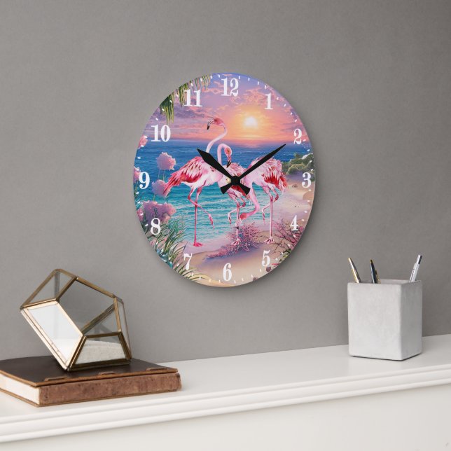 niedlicher Strand rosa Flamingos Große Wanduhr (Büro)