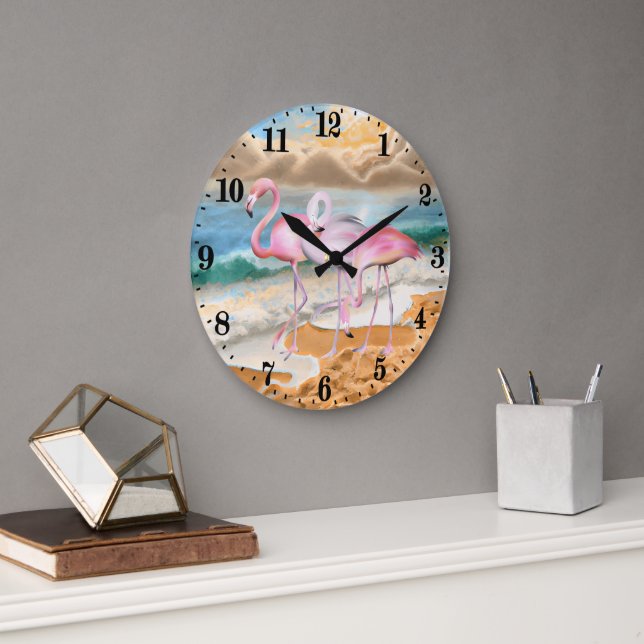 niedlicher Strand rosa Flamingos Große Wanduhr (Büro)