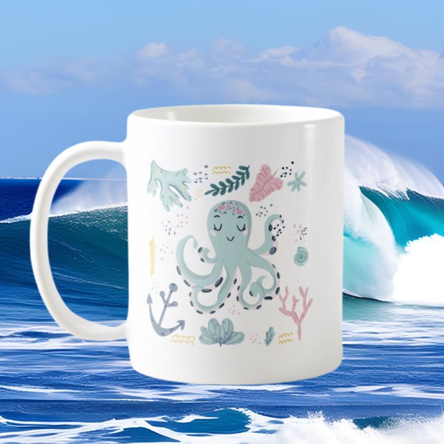 niedlicher Strandoktopus, Monogramm Kaffeetasse (Von Creator hochgeladen)