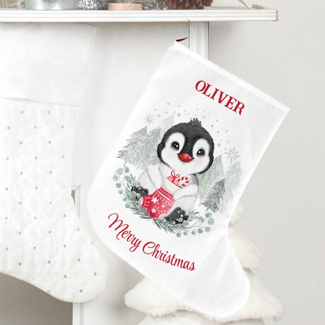Niedlicher Strumpf Pinguin Kinder Name Großer Weihnachtsstrumpf (Cute Christmas Stocking Penguin Kids Name)
