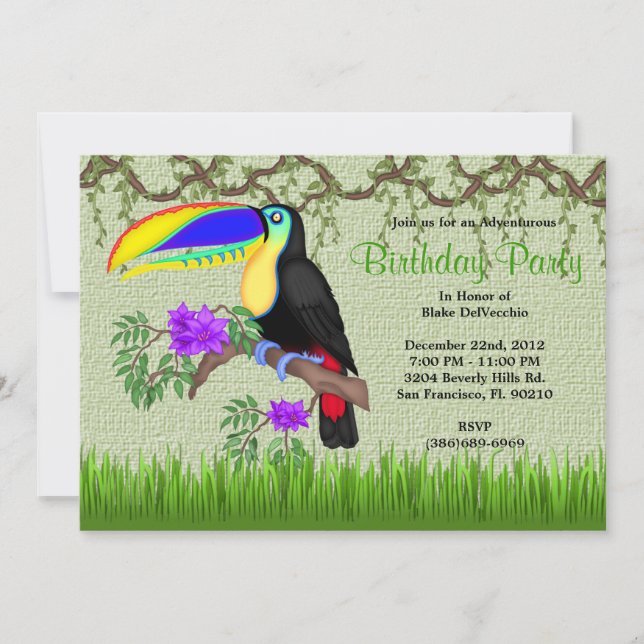 NIEDLICHER süßer Tucan-Vogel-Dschungel Geburtstag Einladung (Vorderseite)