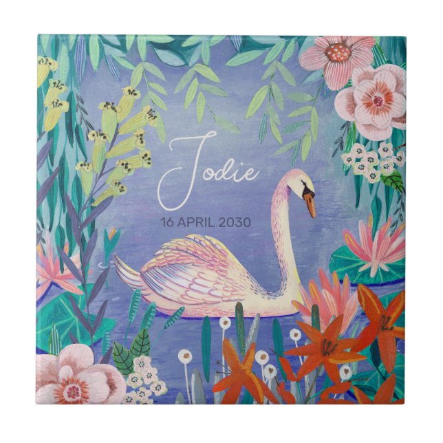 Niedlicher Swan Bird Elegant Blue & Pink Baby Dusc Fliese (Vorderseite)