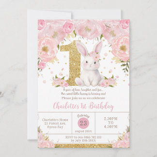 Niedlicher Sweet Bunny Rabbit Pink Floral 1. Gebur Einladung
