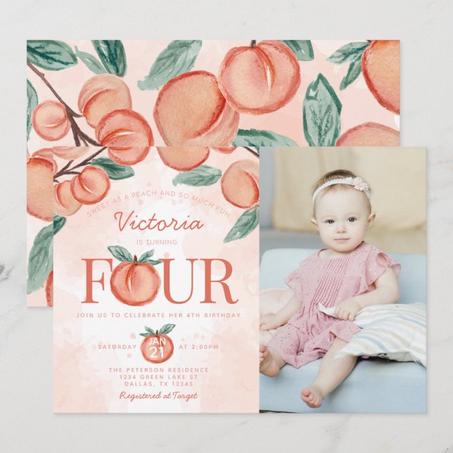 Niedlicher Sweet Peach, 4. Geburtstag Party Einladung (Vorne/Hinten)