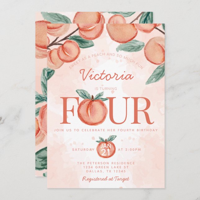 Niedlicher Sweet Peach, 4. Geburtstag Party Einladung (Vorne/Hinten)