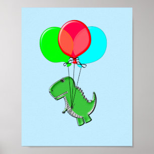 Niedlicher T-Rex-Flug mit Balloons im blauen Himme Poster