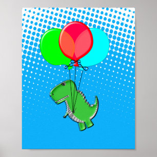 Niedlicher T-Rex-Flug mit Balloons im blauen Himme Poster