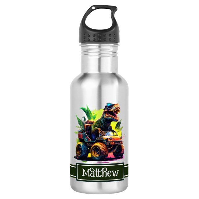 Niedlicher T-Rex-Riding Monster Truck Dinosaurier  Edelstahlflasche (Vorderseite)