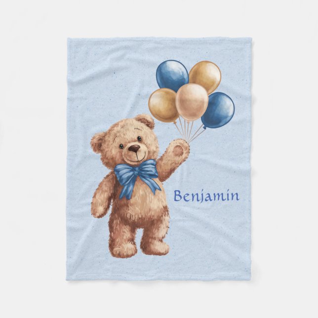 Niedlicher Tan Teddy Bear mit Balloons Boy Baby Ge Fleecedecke (Vorderseite)