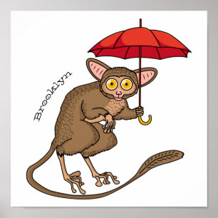 Niedlicher Tarsier mit Schirm-Cartoon-Abbildung Poster