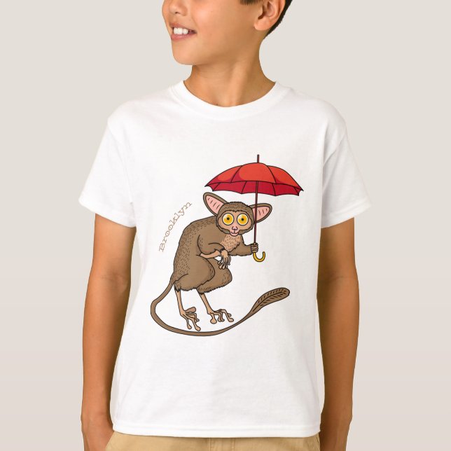 Niedlicher Tarsier mit Schirm-Cartoon-Abbildung T-Shirt (Vorderseite)