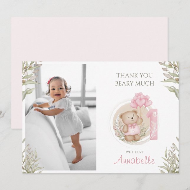 Niedlicher Teddy Bär | 1. Geburtstag | FOTO Dankeskarte (Vorne/Hinten)