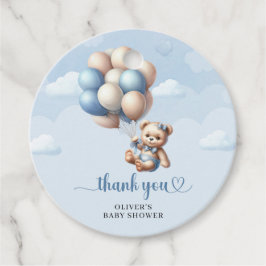 Niedlicher Teddy Bär blaubraune Ballons Babydusche Geschenkanhänger