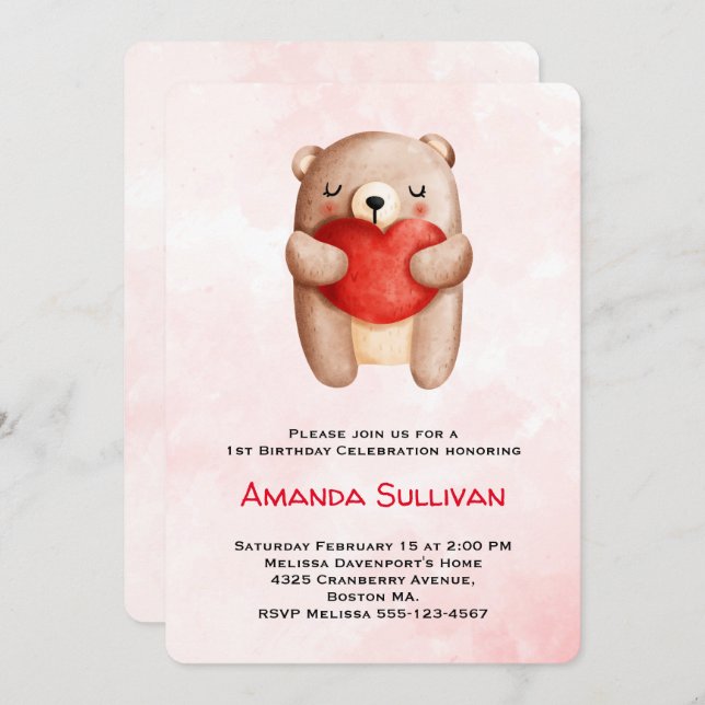 Niedlicher Teddy Bär, der ein Rotes Herz zum Gebur Einladung (Vorne/Hinten)