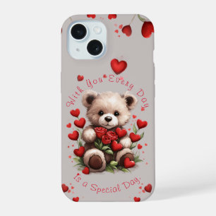 Niedlicher Teddy Bär Hört Rote Rosen Valentinstag iPhone 15 Hülle
