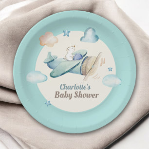 Niedlicher Teddy-Bär in Airplane-Baby-Dusche Pappteller