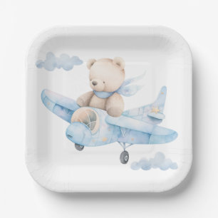 Niedlicher Teddy Bär in blauem Flugzeug Papierplat Pappteller