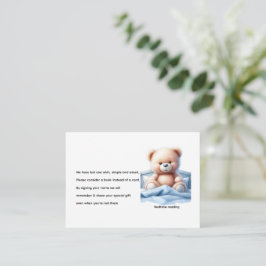 Niedlicher Teddy Bär in Blue Bed Baby Book Request Begleitkarte