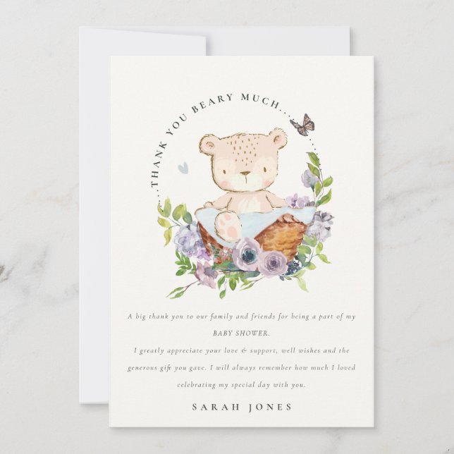 Niedlicher Teddy Bär in Blume Basket Blue Baby Dus Dankeskarte (Vorderseite)