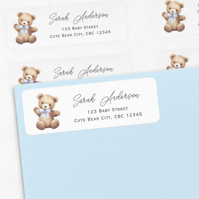 Niedlicher Teddy Bär mit Blauer Ribbon Boy Dusche (Blue Teddy Bear Return Labels.)