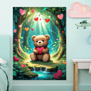Niedlicher Teddy Bär mit Herz in Forest Poster