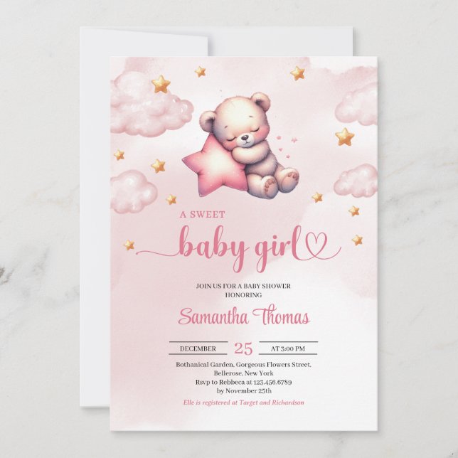 Niedlicher Teddy Bär mit Stars Mädchen Dusche Einladung (Vorderseite)