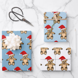 Niedlicher Teddy Bär mit Weihnachtsmannmütze Blue Geschenkpapier Set