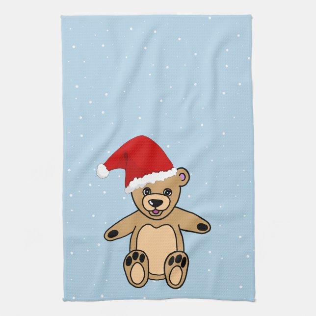 Niedlicher Teddy Bär mit Weihnachtsmannmütze Blue  Geschirrtuch (Vertikal)
