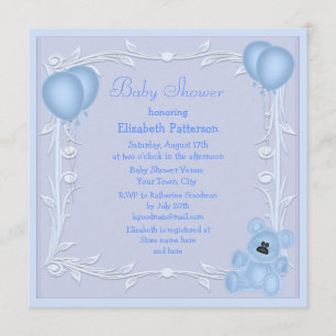 Niedlicher Teddy-Bär u. Ballon-blaues Baby-Dusche Einladung