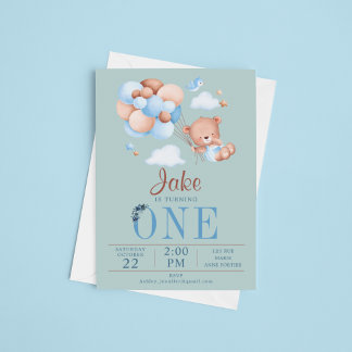 Niedlicher Teddy Bär und Balloon Baby Geburtstag Einladung